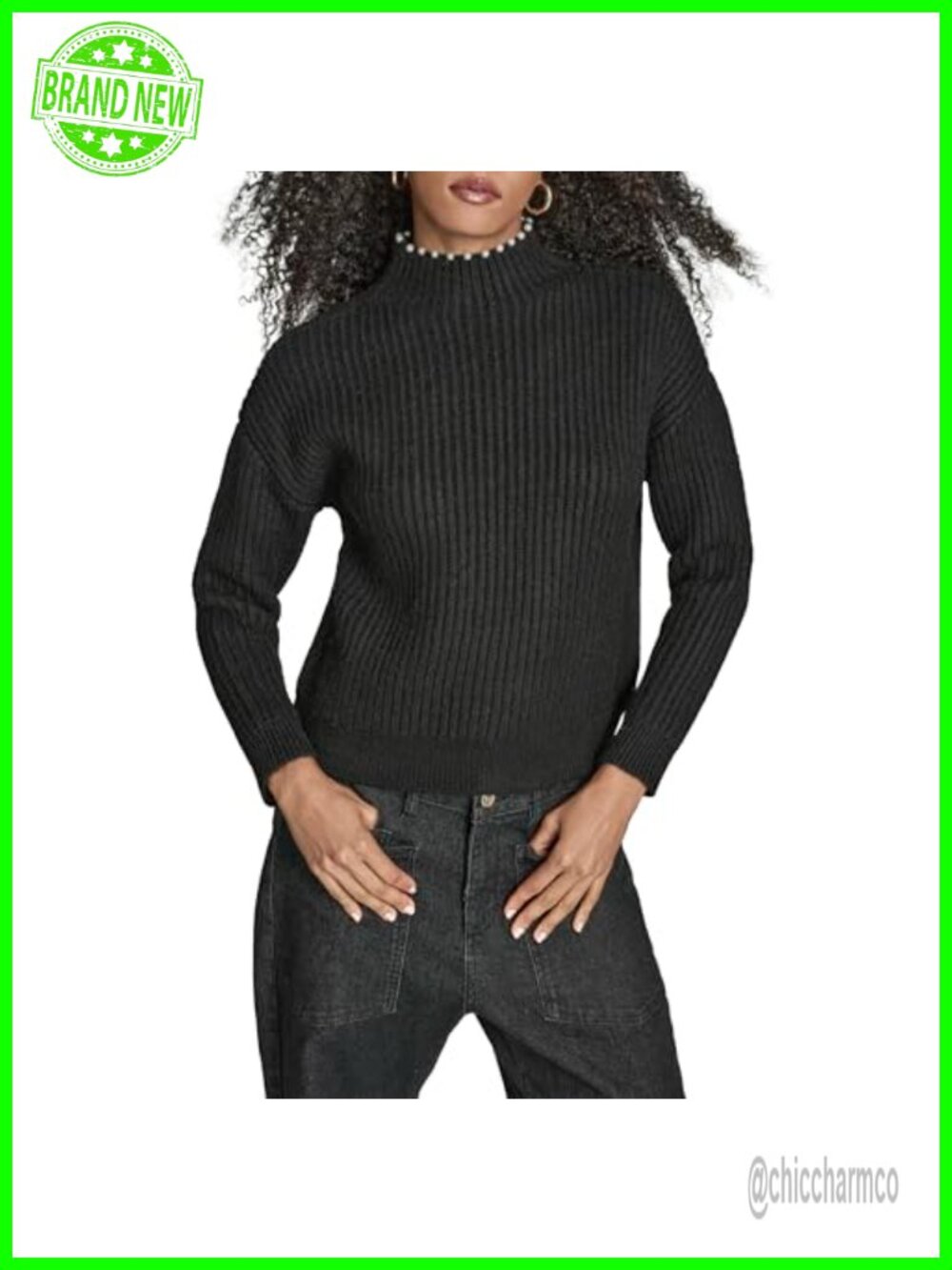 Ribbed Mockneck Sweater with Pearl Detailing Long Sleeve Pullover